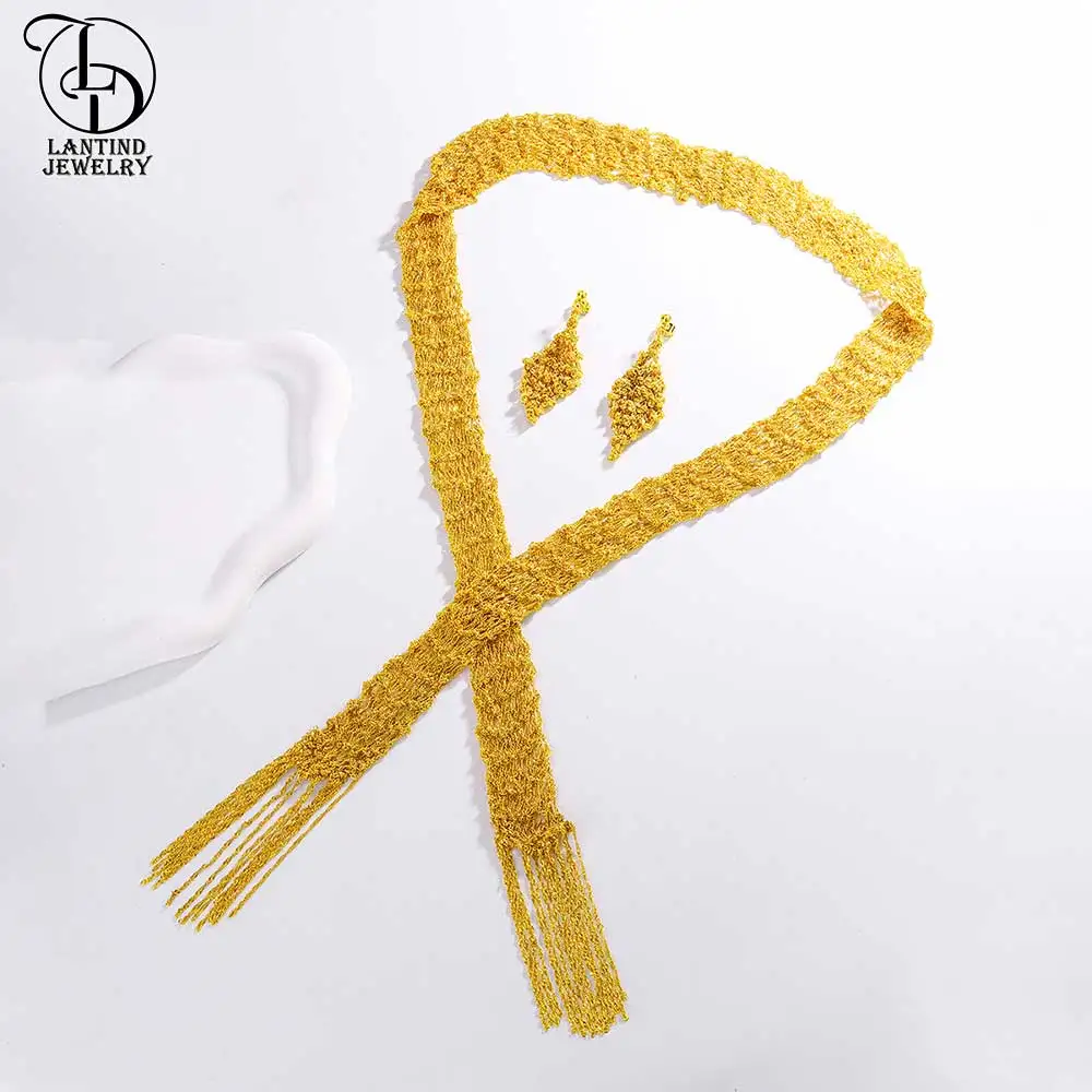 Bs00048 Dubai 24K Gold-Plated Handmade Sweater Long Necklace Middle Eastern Luxury Women's Earrings Copper Jewelry Two-Piece Set