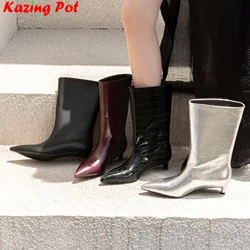 Krazing Pot Cow Leather Pointed Toe Stiletto Med Heel Modern Boots Casual Comfort Winter Autumn Brand Solid Women Mid-calf Boots