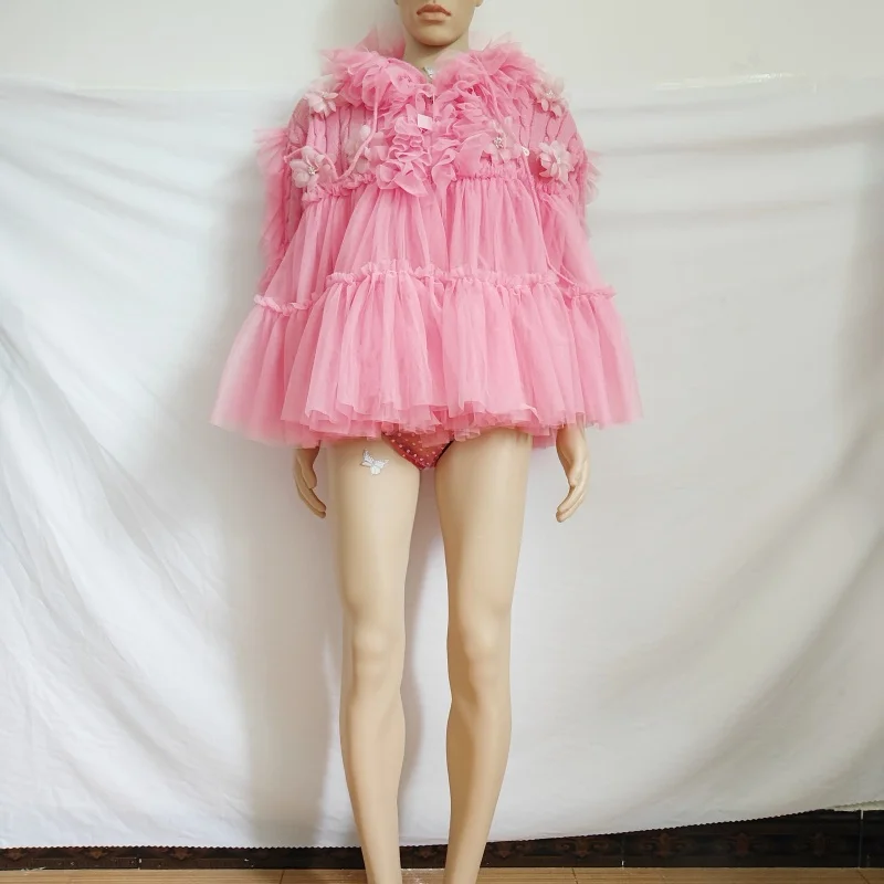 

Сексуальный женский розовый осенний кардиган Топ из пушистой сетки Свободный мягкий свитер Вязаная толстовка с длинными рукавами и оборками с цветочным принтом DJ Club Bar