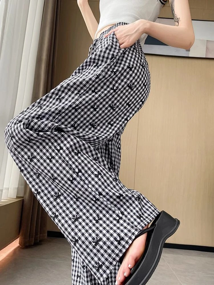 

Ice Silk Checkered Bow Wide Leg Pants Women's Summer Thin Loose Look Thin Large Size Small Straight Leg Casual Pants