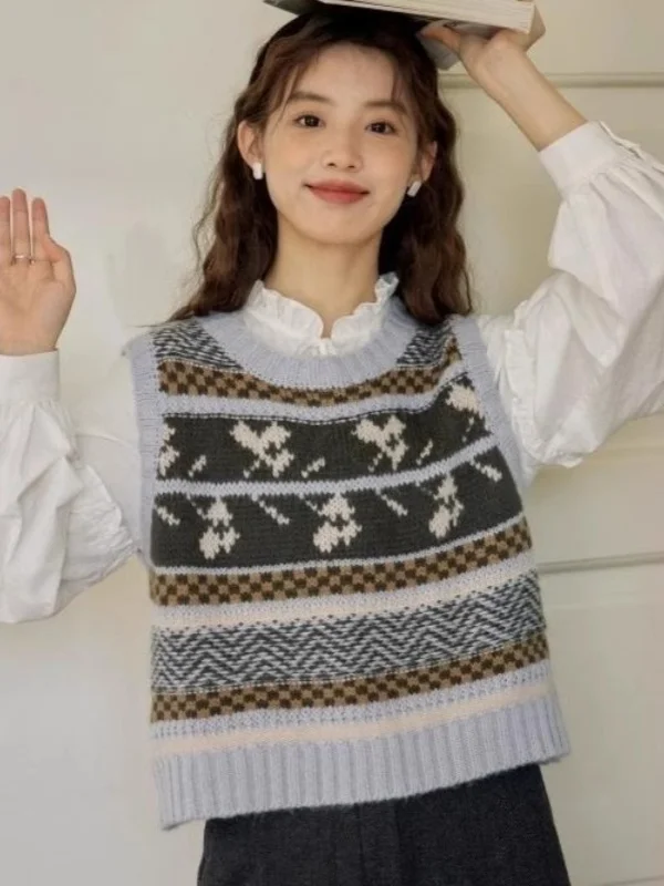 

Retro Knitted 00% Pure Wool Vest Women's round Ne Svel Loose Slimming Color Blo Sweater Vest Warm Thi Winter Top