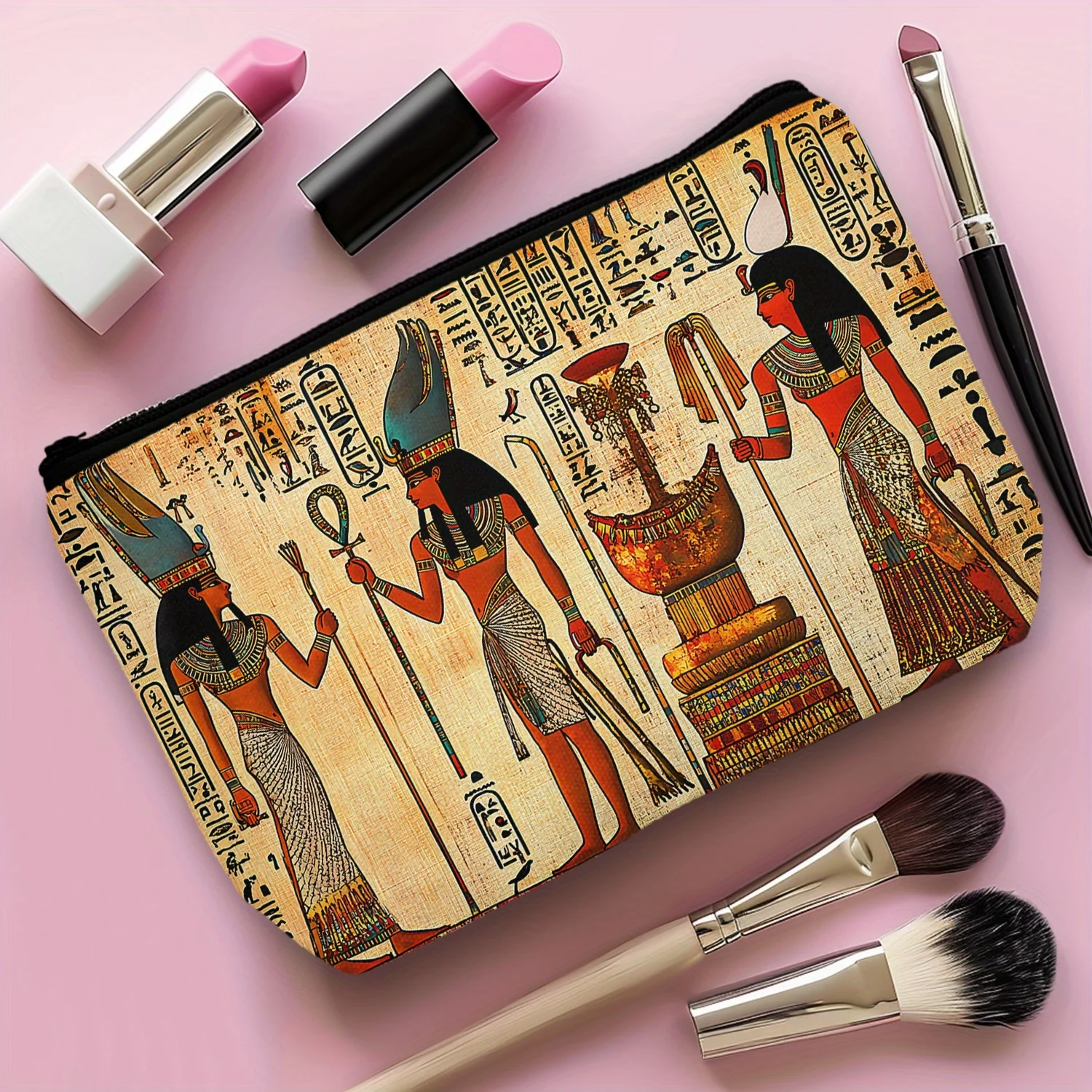 Egyptian Pharaoh God Hieroglyphs Makeup Bag Polyester Casual Cosmetic Pouch with Zipper Closure, Ancient Egypt Mythology Design