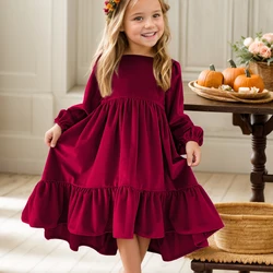 Manga comprida de veludo infantil ruffle hem vestido de princesa, vestido de festa infantil, roupas de meninas, roupas infantis, primavera, outono, inverno, novo, 7-12 anos