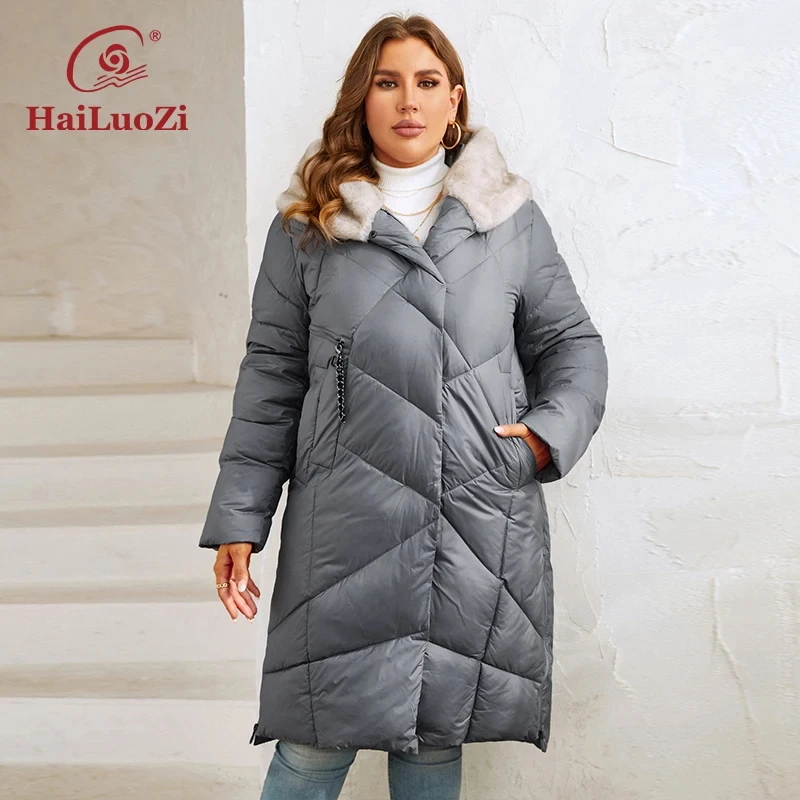 HaiLuoZi 2023 New Women\'s Winter Jackets Plus Size Long Warm Parkas Elegent Hooded With Fur High-quality Quilted Coats Women1131