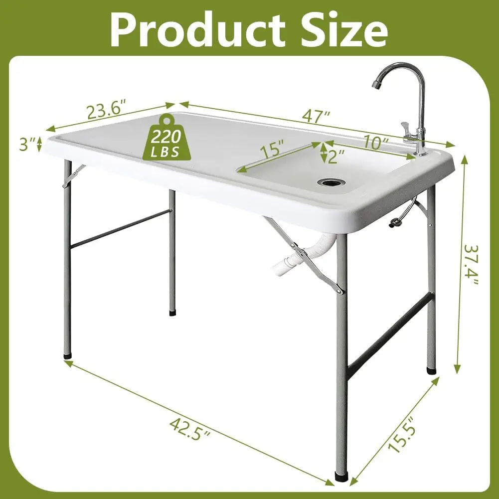 4ft Foldable Fishing Table with Sink Faucet Portable Camping Picnic Outdoor Kitchen Table Fish Cleaning Station for Campers Gard