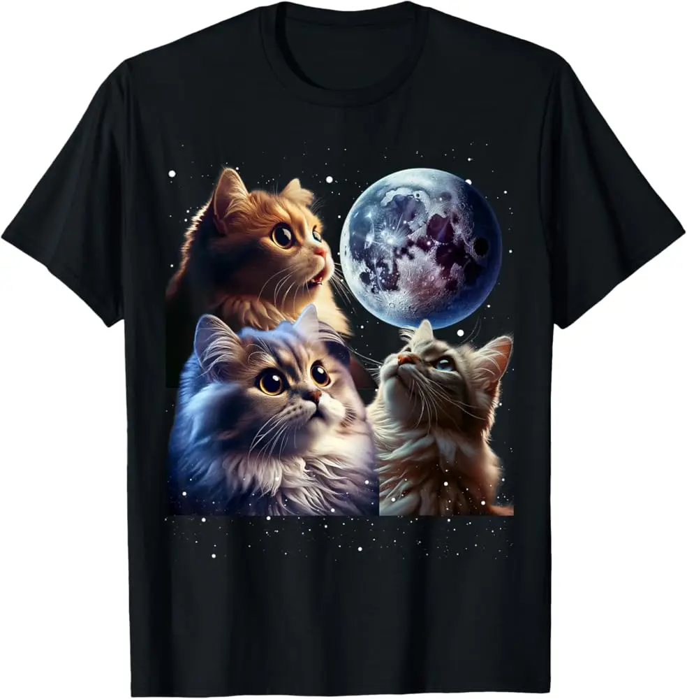 Funny Three Cats Meme Graphic T-Shirt - Black Tee with Cute Cats in Yellow Cup Full Moon - Soft Breathable Shirt for Women & Men
