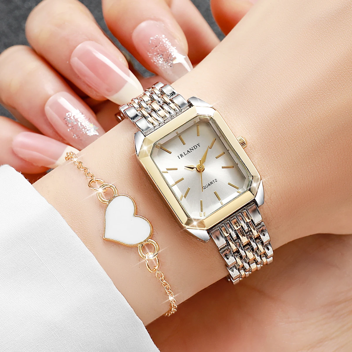 2PCS Fashion Rectangle Women Watches Heart Bracelet Set Steel Strap Ladies Quartz Wrist Watch Reloj Mujer Girls (Without Box)