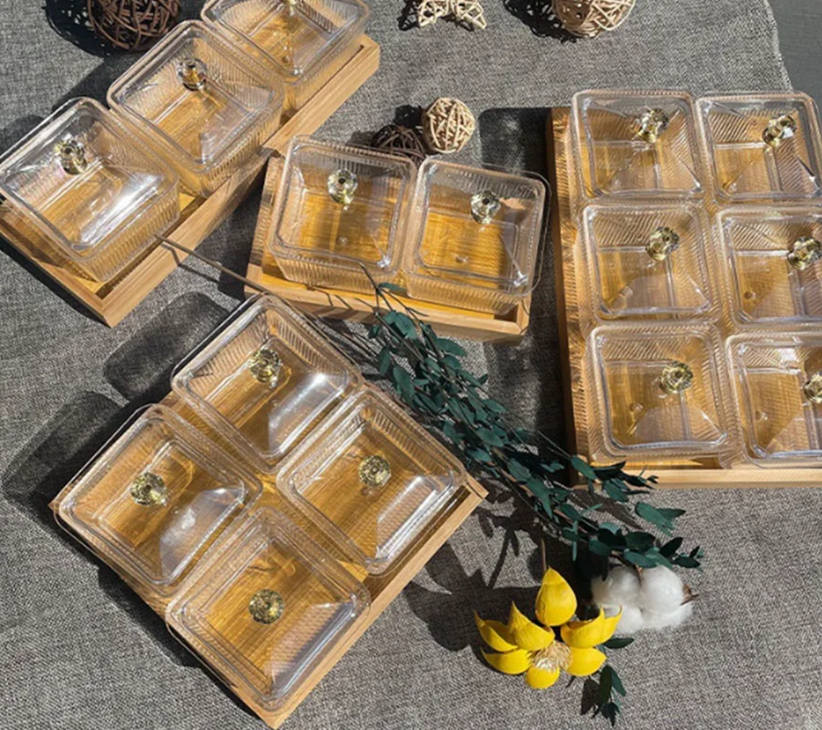 6 separate glass platters, dried fruit trays with lids and wooden trays