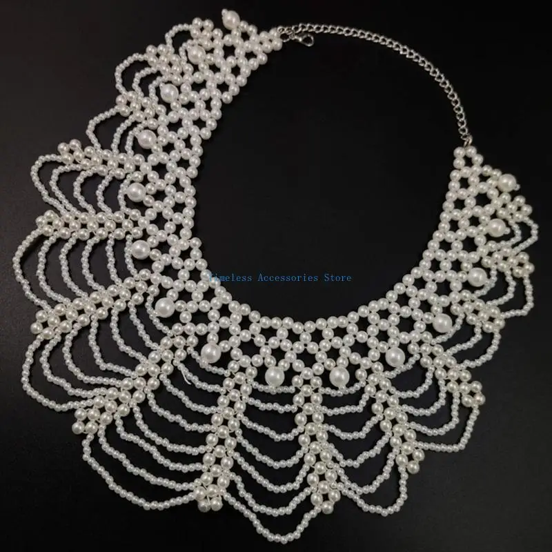 97QE Handmade Pearls Shoulder Necklace Beaded Shawl Choker for Formal Event and Date