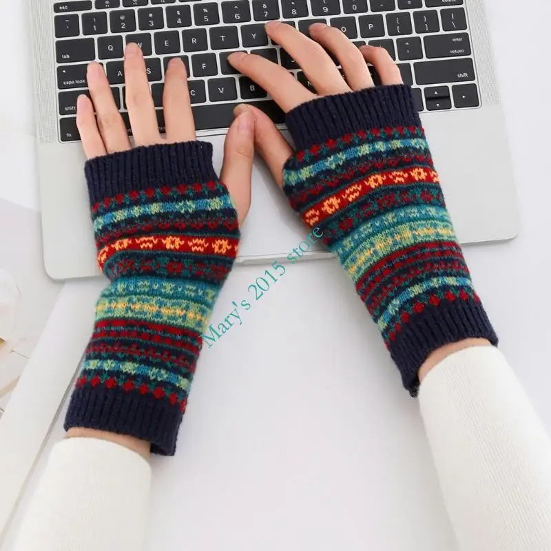Bohemian Pattern Fingerless Acrylic Gloves Adult Student Cold-Weather Typing Gloves with Long Ribbed Wrist Coverage for Daily