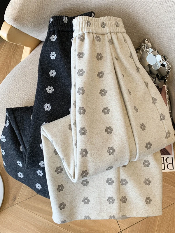 Thi pantalon à jambes larges femme hiver Faion taille haute pantalon à motifs floraux laine dix-huit pouces longue coupe droite