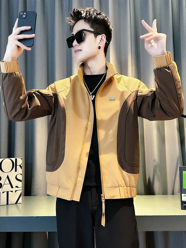 

Spring Autumn Men's Faion Casual Patchwork Jaet Color Blo Stand Collar Workwear Top Youth Sle Polyester Fabric