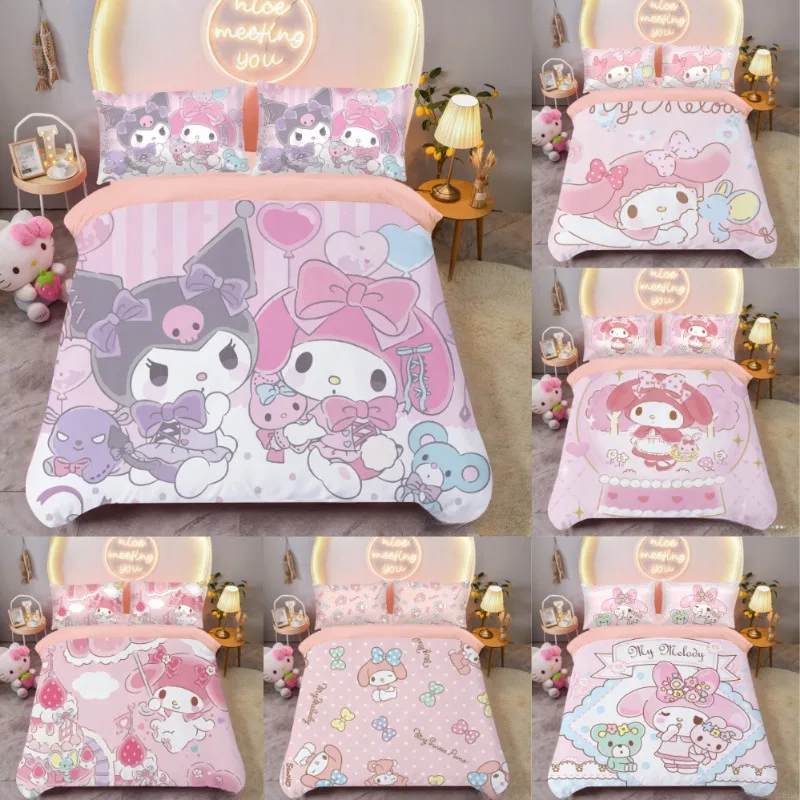 

Kawaii Anime King Size Bedding Set Cute Cartoon MY Melody Bed Sheet Quilt Cover Pillowcase Bed Linen Kawaii Bedroom Decoration