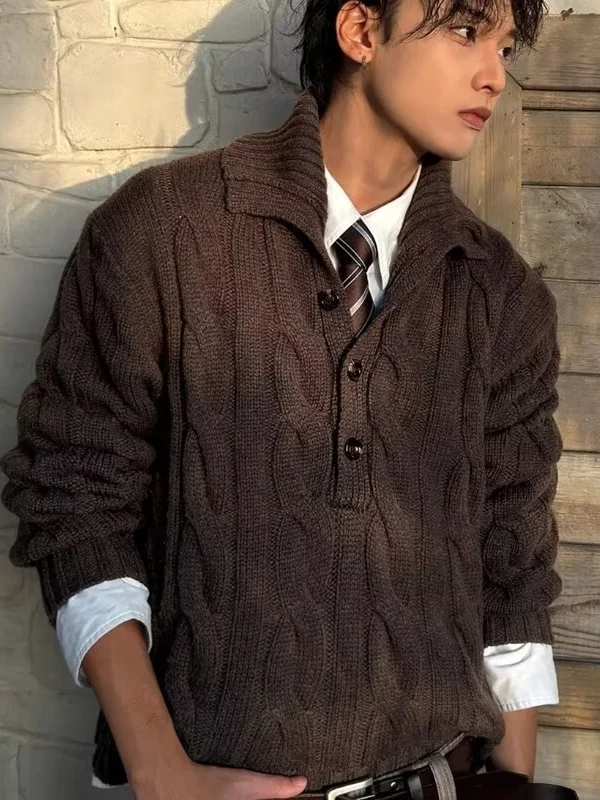 

Retro Luxury Knitted Sweater Men's High Collar Warm Fashionable Twist Flower Design Winter Outerwear Soft Loose Fit Youthwear