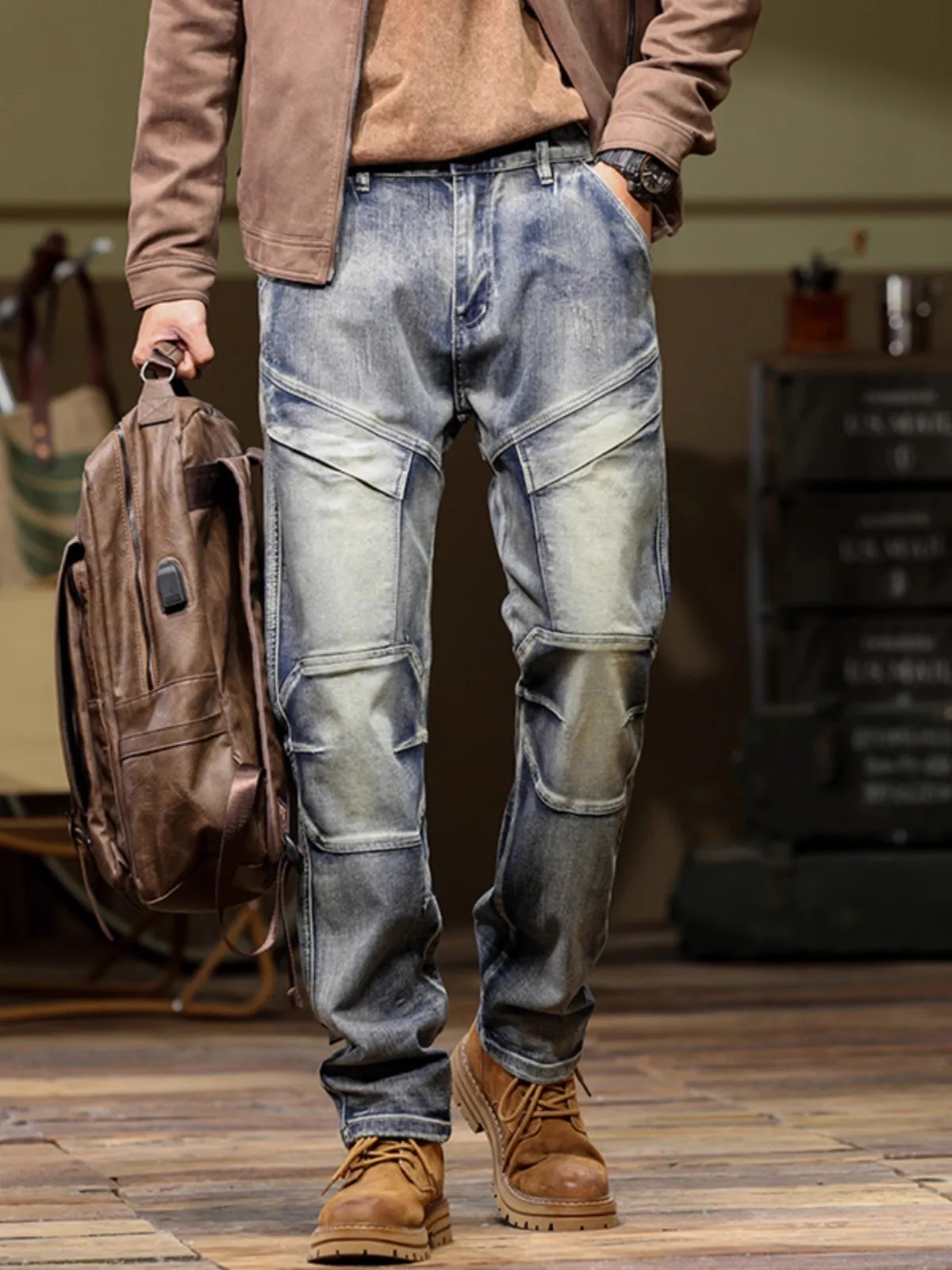 

Outdoor motorcycle multi-pocket work jeans men Straight slim fit retro old spliced ​​men's jeans Large size 28-44