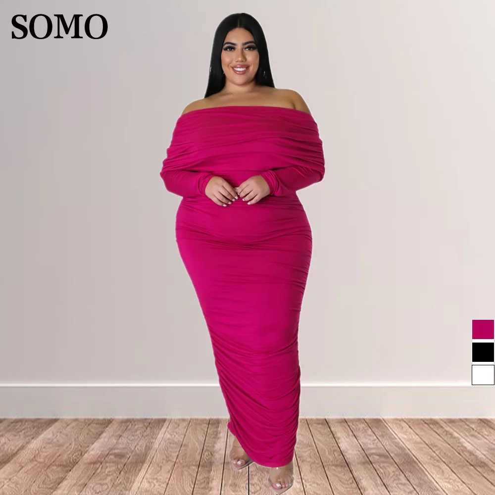

SOMO 4x Solid Plus Size Clothes Spring Sexy Off Shoulder Skinny Vintage Pleated Long Sleeve Maxi Dress Wholesale Dropshipping