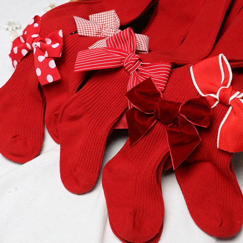 Kids Bow Christmas Tights Soft Cotton Baby Girls Red Pantyhose Leggings Children Infant New Year Gifts Tights For 0-6Years