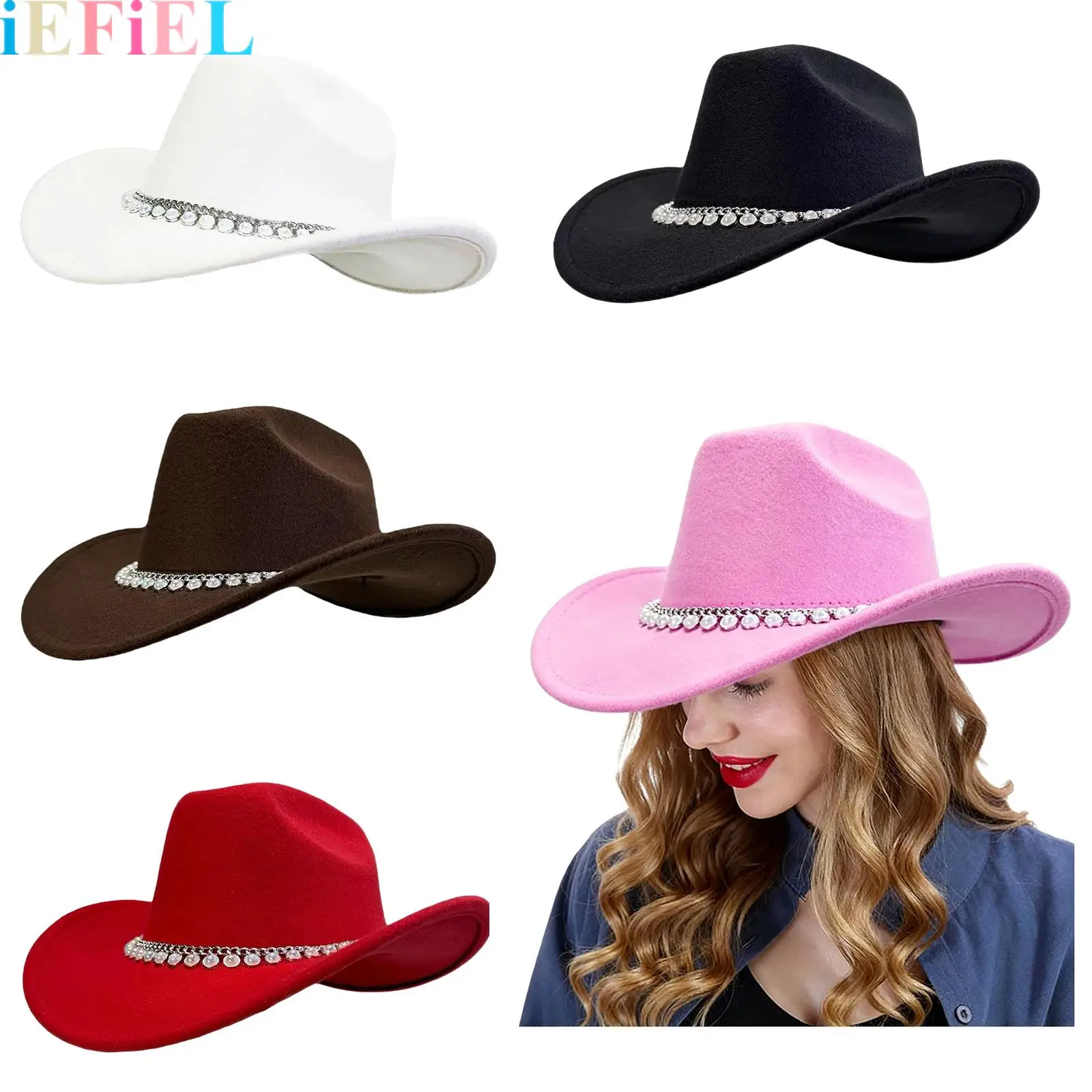 

Women Cowgirls Hat Faux Pearl Cowgirl Hats Wide Brim Roll Up Western Cowboy Hat for Birthday Parties Music Festivals Concerts