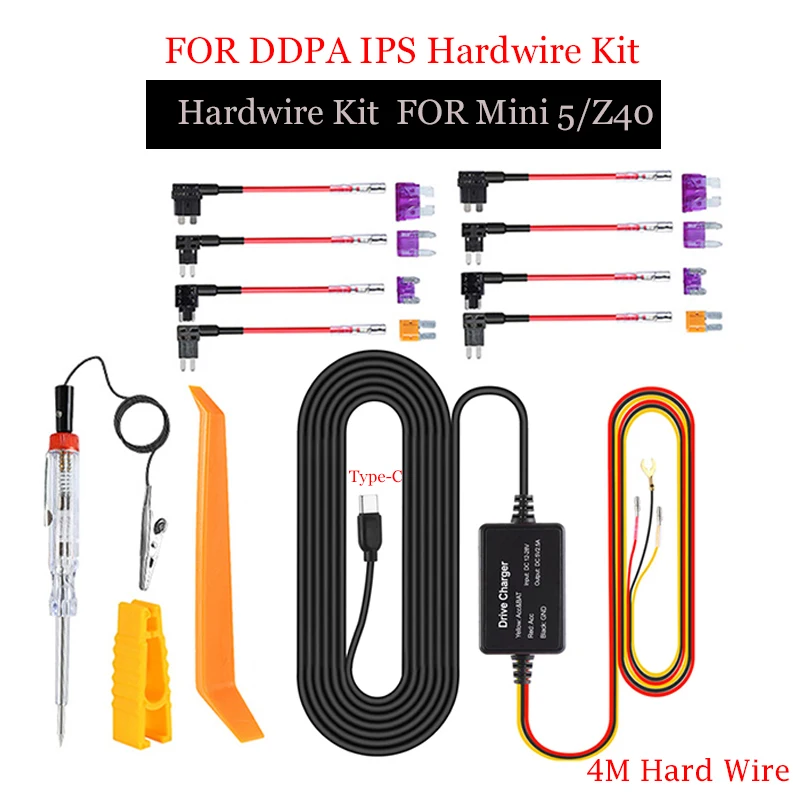 Para ddpai mini 5 12/24v tipo-c usb carregador de carro 4m fio duro kit para ddpai mini 5/z40/z50/mola n3 pro traço cam