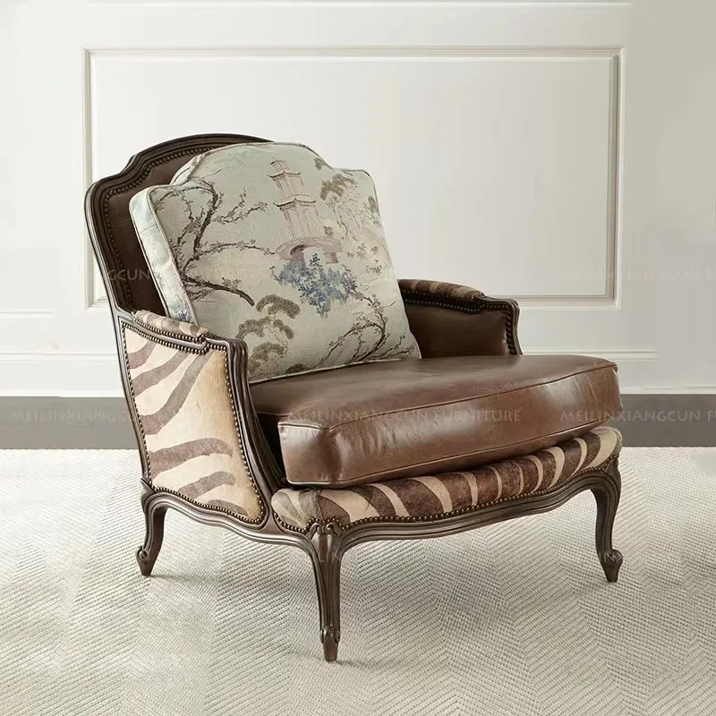 American single sofa chair, solid wood top layer cowhide microfiber lounge chair, vintage carved negotiation chair, large apartm