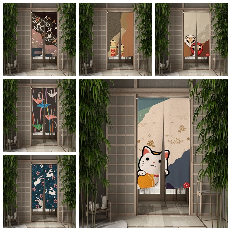 Japanese Style Noren Door Curtains Lucky Cat Origami Crane Rabbit Izakaya Partition Linen Doorway Curtains Kitchen Half Curtains