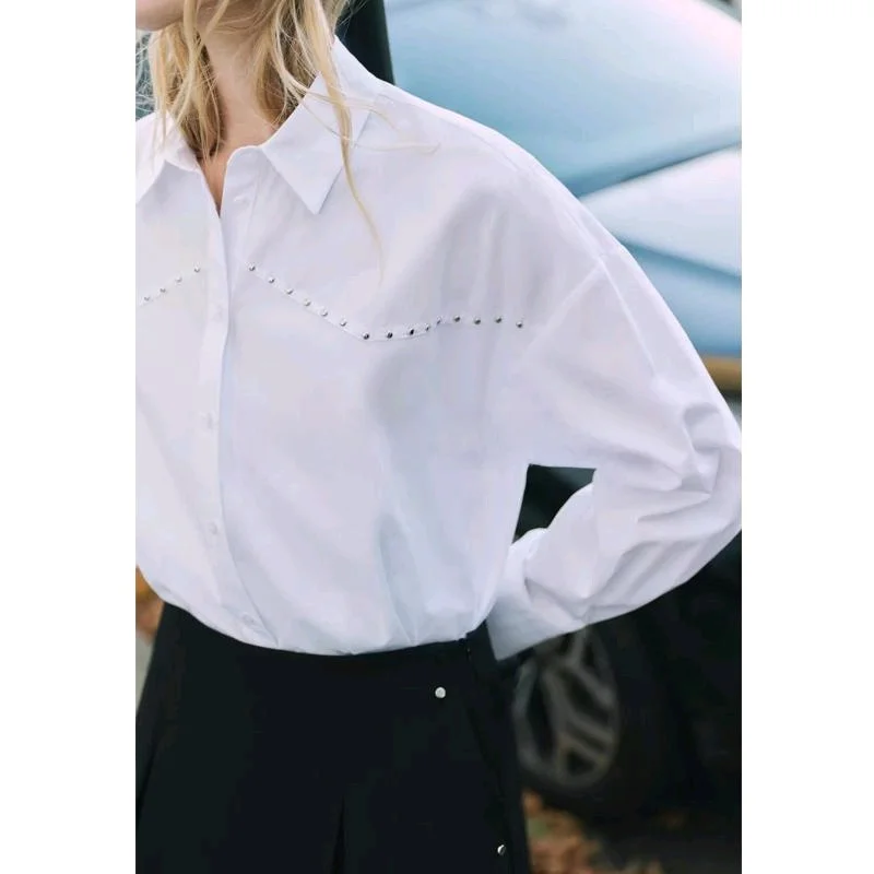 Printemps nouveauté femmes coupe ample longue col Sve irt Punk Sle Rivet décoré en mousseline de soie matériel trajet Sle