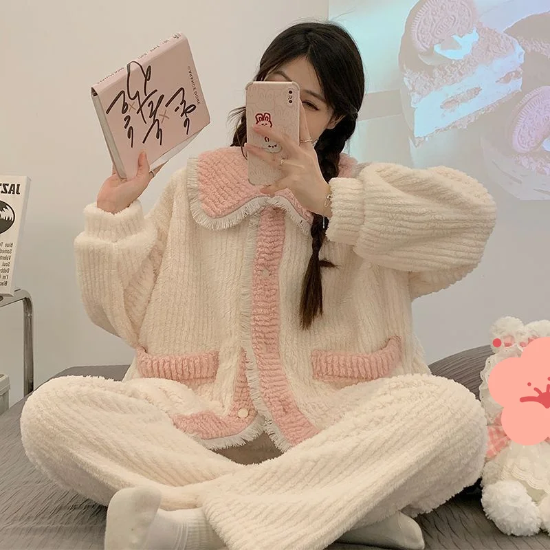 

coral fleece Women's pajamas sweet style leisure fashion autumn winter new model thicken Pajama keep warm homewear two-piece set