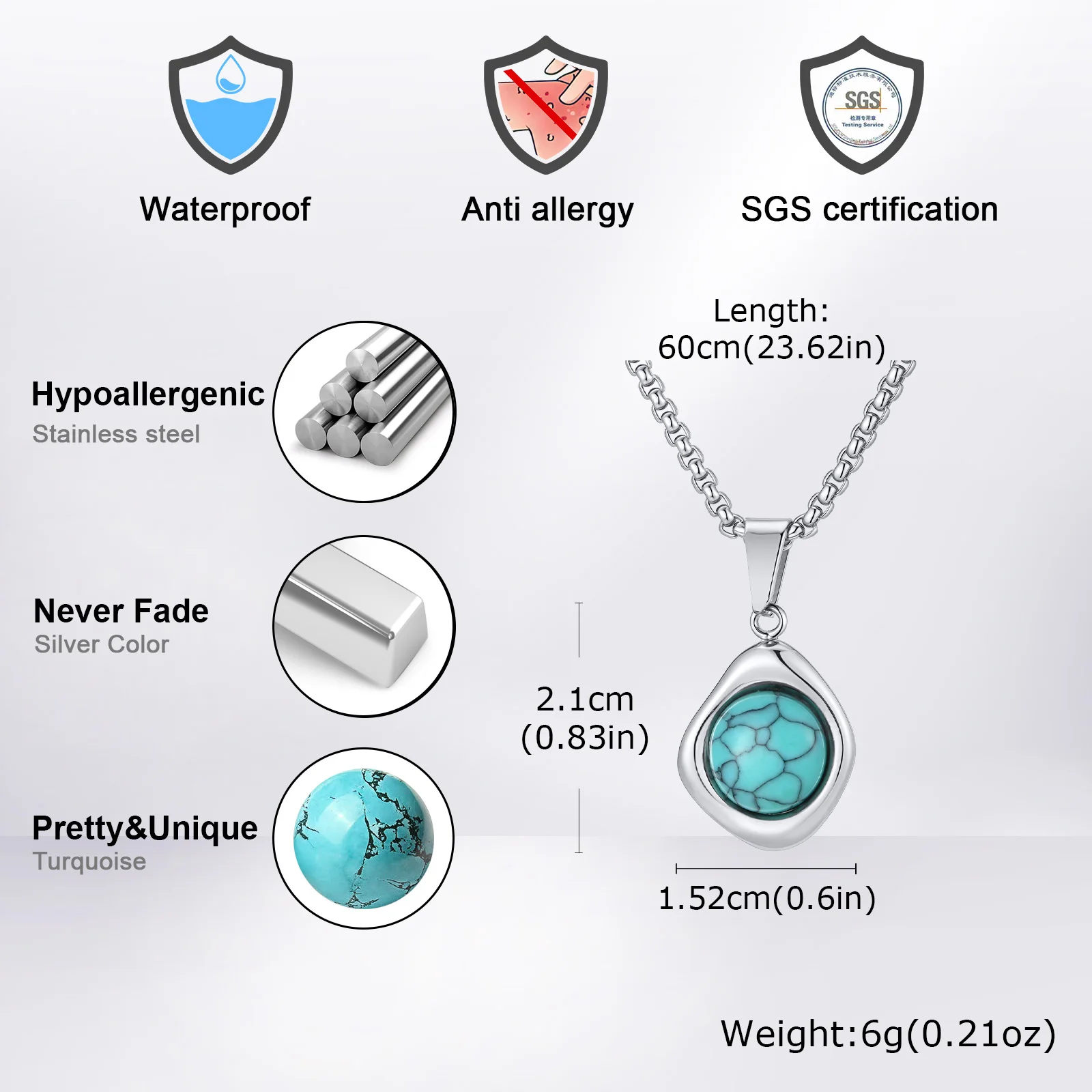 Klassische Mode Runde Natürliche Achat Tigerauge Stein Halskette für Männer, Edelstahl Unregelmäßige Anhänger Halskette, Punk Schmuck – Detail 10