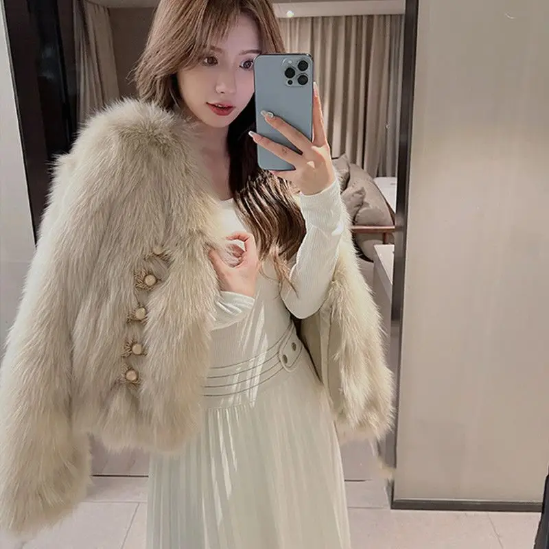 2023 New Autumn Winter Fur Coat Women Short Faux Fox Hair Slim and Versatile Casual Loose Thick Warm Female Fur Coat