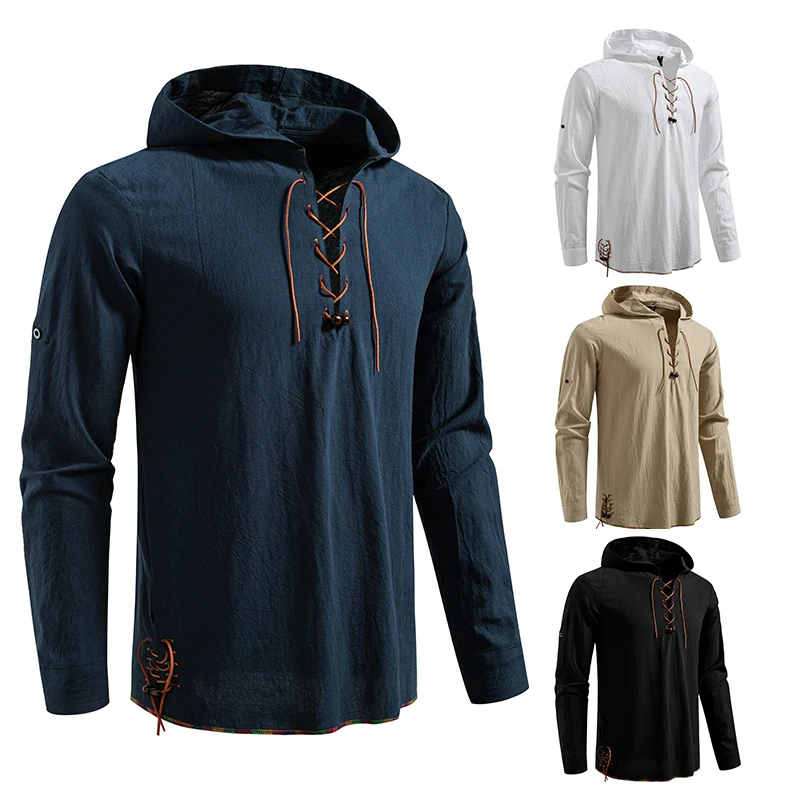 Men's Hooded Designer Cotton Linen Shirt Long Sleeve Vintage Clothing Man Causal Drawstring Chemises Hommes Cowboy Streetwear