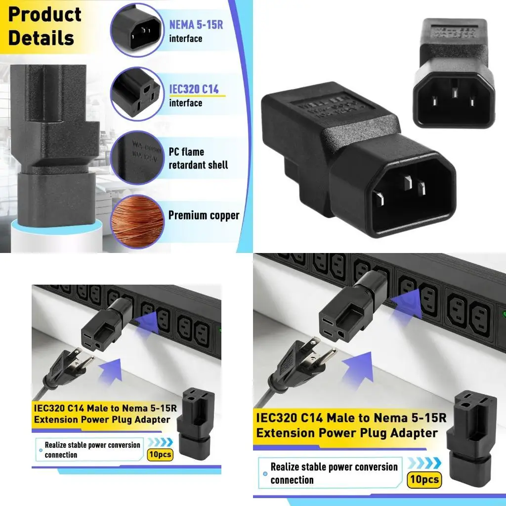  IEC320 C14 Plugs to NEMA 5 15R Outlet Adapters with Metal Cores for Servers