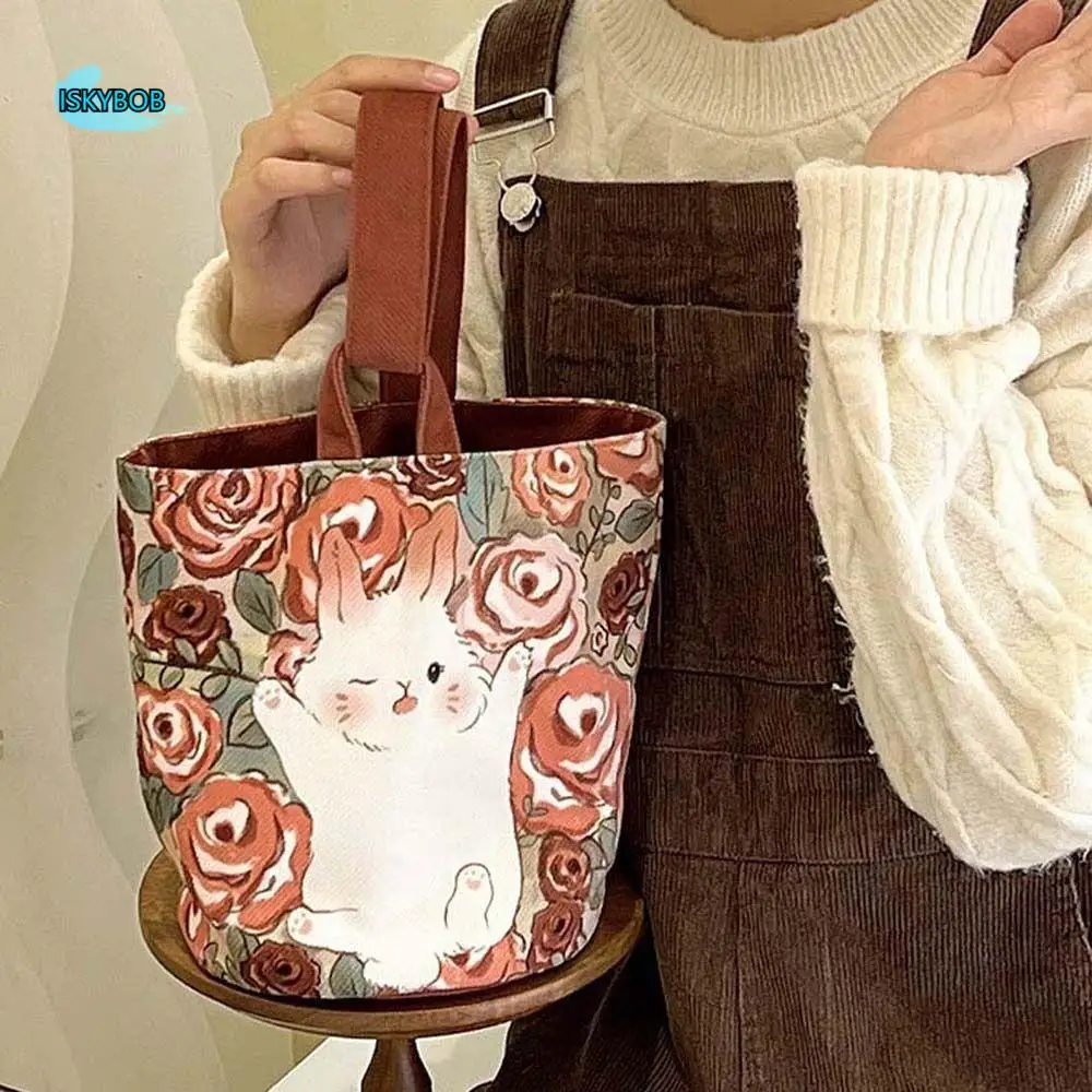 Bolso tipo cubo de lona con conejo Ins, bolso de mano con diseño de perro, rosa, flor, Animal de dibujos animados, bolso de compras, bolso de lona estampado de estilo coreano, bolso de viaje