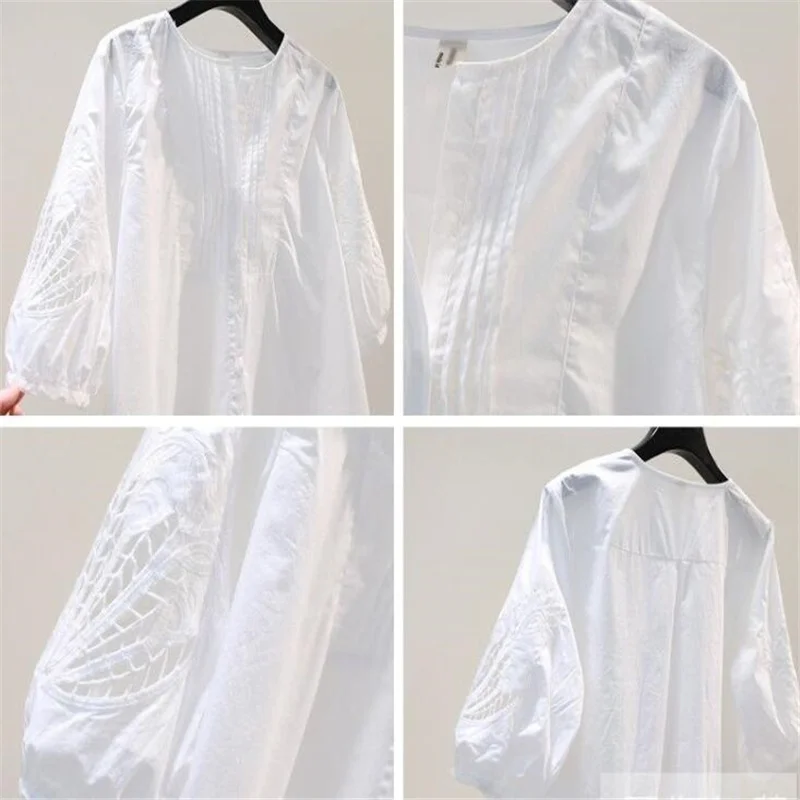 100% Cotton Embroidered Blouses Women Shirt Mid-sleeve Hollow Summer Top O-neck Loose Casual Button Up White Female Shirt