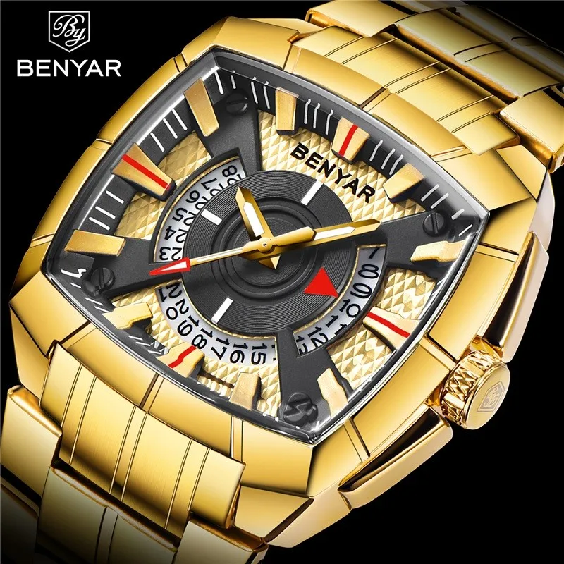 Benyar For Mens Watch Japan Miyota Quartz Military Wristwatch Tonneau Dial Waterproof Calendar Clock Male New Relogio Masculino