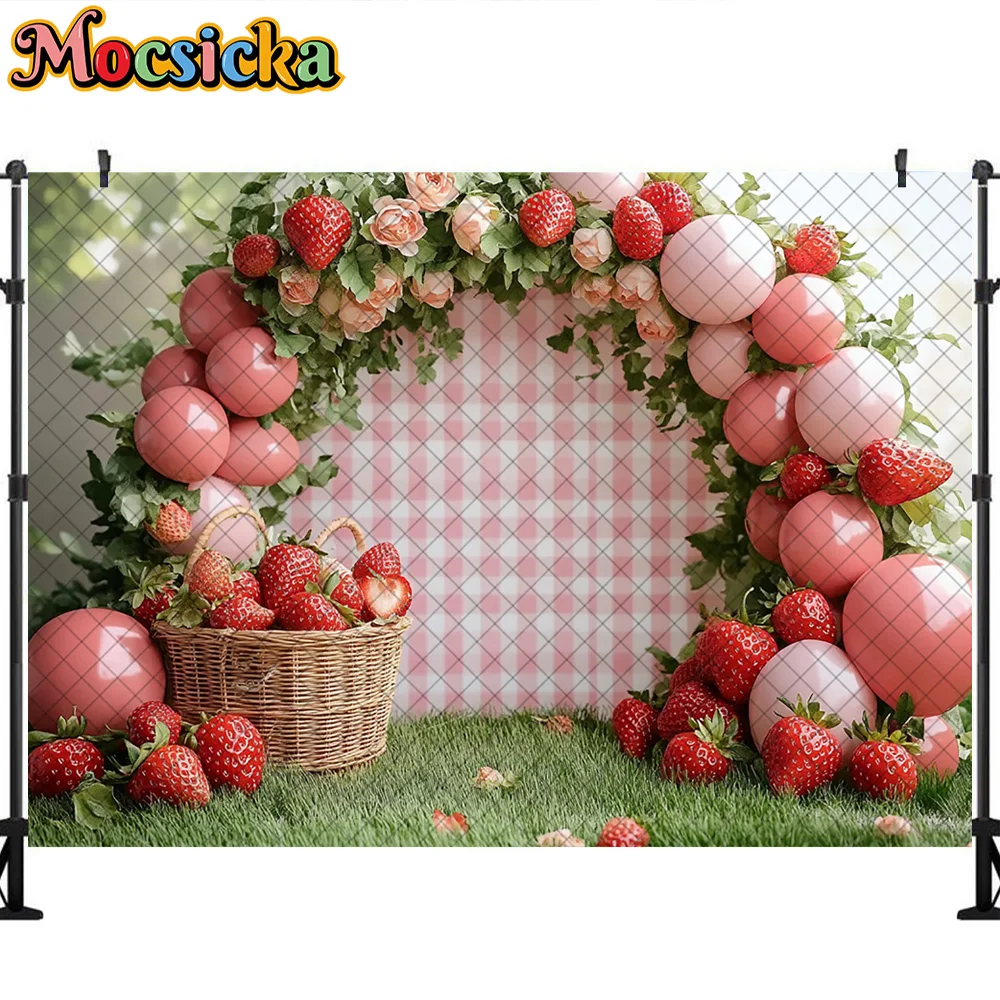 Mocsicka Summer Photography Backdrop Pink Balloon Strawberry Decoration Baby Shower Newborn Party Backgrounds For Photographs