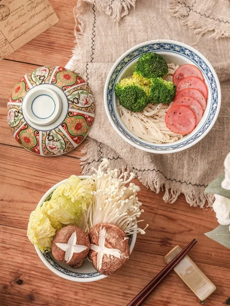 

Japanese 6-inch Ceramic Rice Ramen Bowl Instant Noodle Bowl with Lid Ancient Imari Style Kitchen Supplies Palace Style Tableware