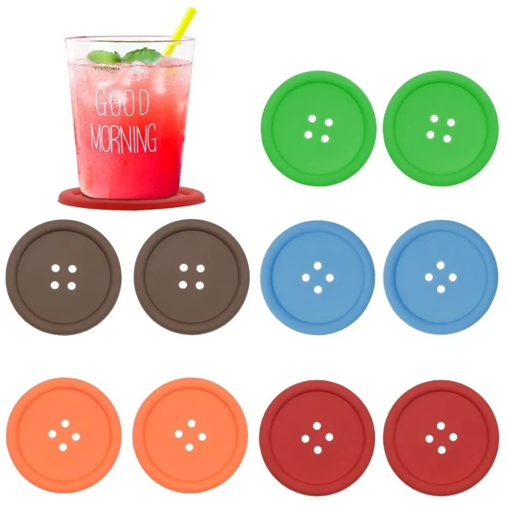 10pcs Childishness Non-slip Four-hole Button Coasters 5 Colors Soft Silicone Cup Pads Round Creative Insulation Cup Mat Bar