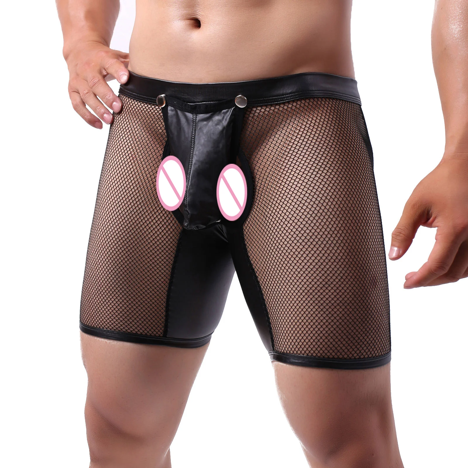 Men Underwear Boxers Lingerie Sexy Mesh Transparent PU Leather Open Penis Pouch Long Leg Boxer Shorts Open Butt See-through