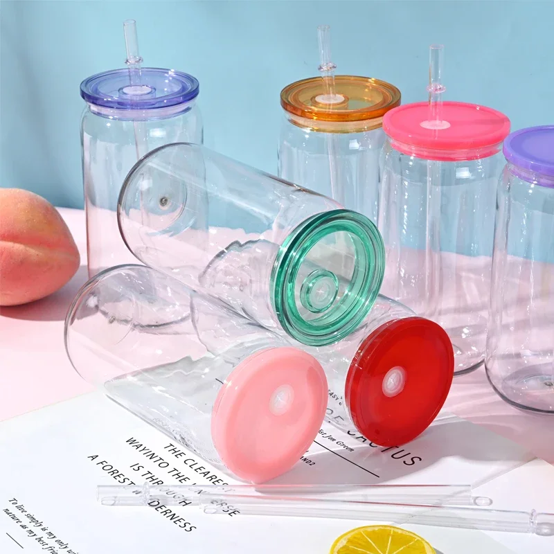 

1PCS Transparent Mason Jar Cups 16oz Plastic Tumblers Jelly Color Straw Cup Leakproof Lids Reusable Iced Coffee Cups Cute Cup