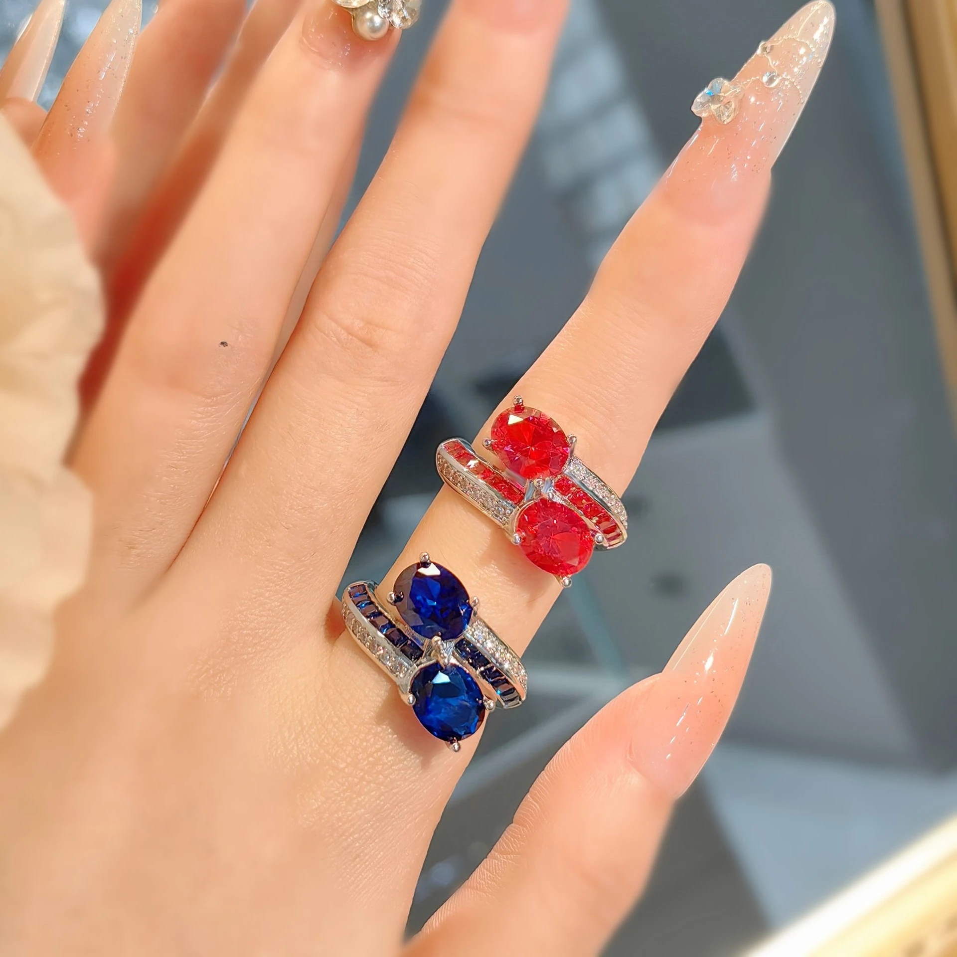 

French Retro Double Stone Ring, Women's INS-Style Red Corundum & High Carbon Diamond Blue Spinel, Mid-Century Jewelry for Gift