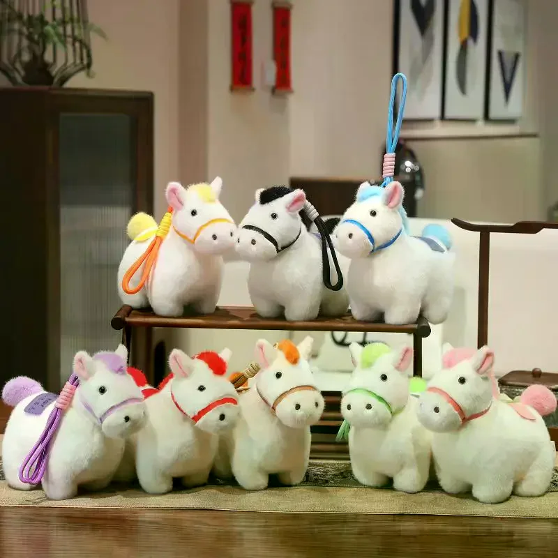 Cartoon pluche pony sleutelhanger Kawaii dierenriem paard mascotte gevulde pop rugzak hangende decor auto-interieur hanger nieuwjaarscadeau
