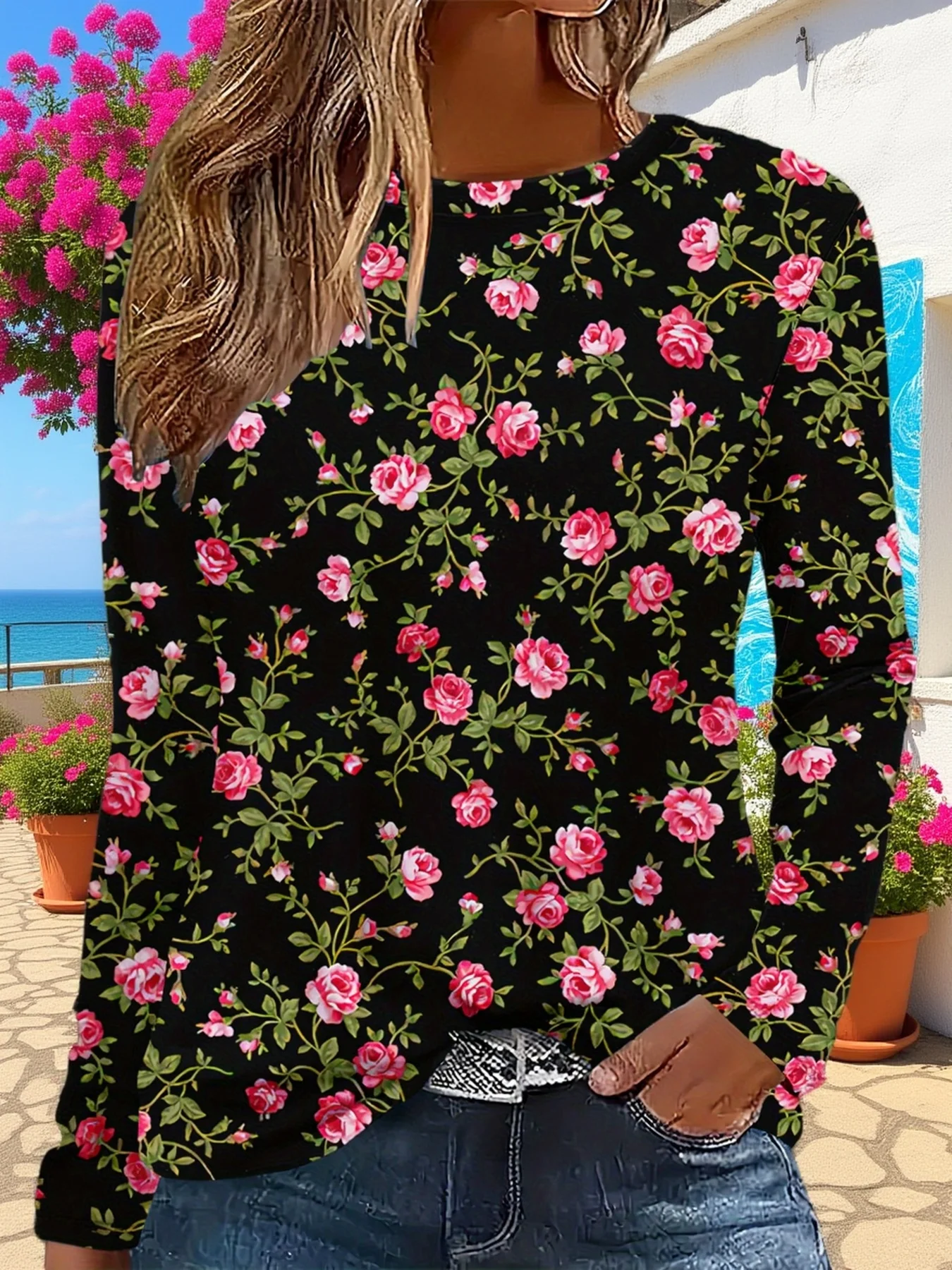 Women Crew Neck Long Sleeve T‑Shirt Black Background Pink Rose Floral Full Print Casual Loose Fit Ladies Daily Tops