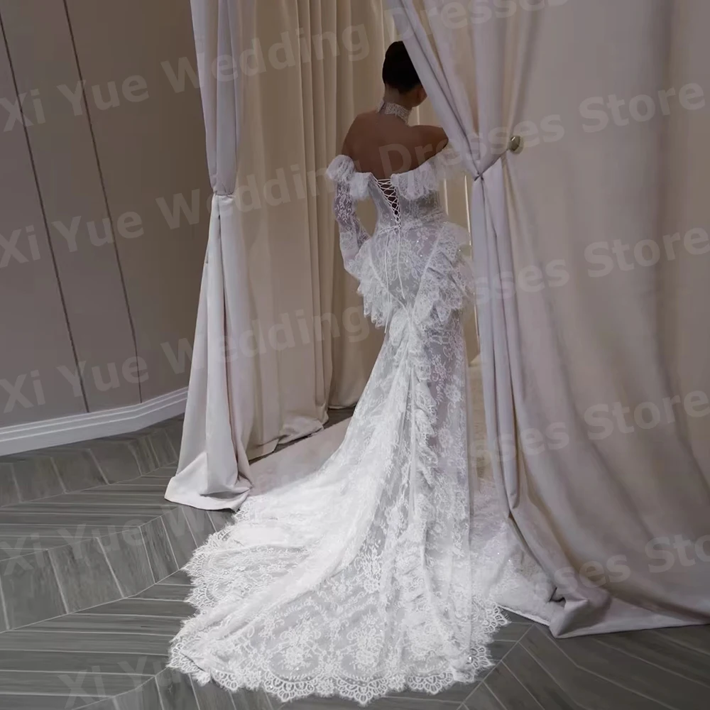 Fascinating Mermaid Women's Off Shoulder Lace Long Sleeve Wedding Dresses Vestido De Novia Bride Gowns Customized Robe De Mariée