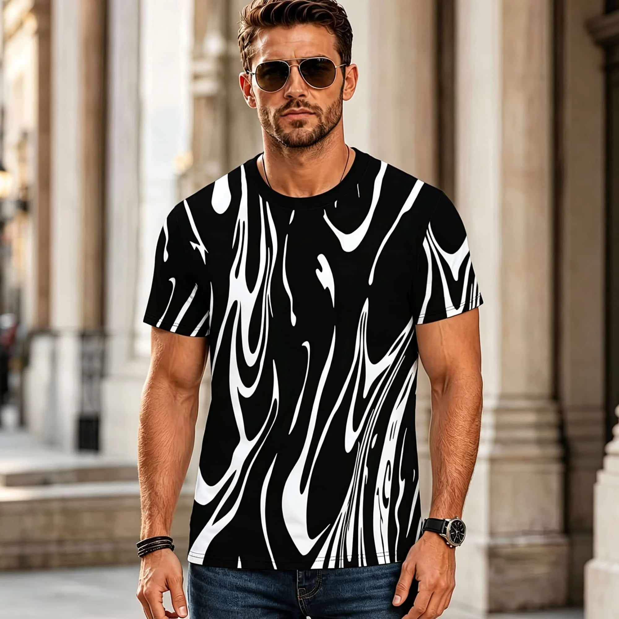 Men Minimalist Black And White Liquid Fluid Swirl Abstract Marble Pattern All Over Print Crew Neck Short Sleeve Loose Casual