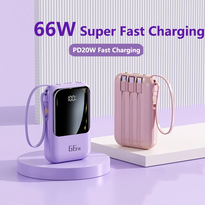 

20000mAh Power Bank with Cable 66W Fast Charging Portable Charger External Battery For iPhone 17 Samsung Huawei Xiaomi Powerbank