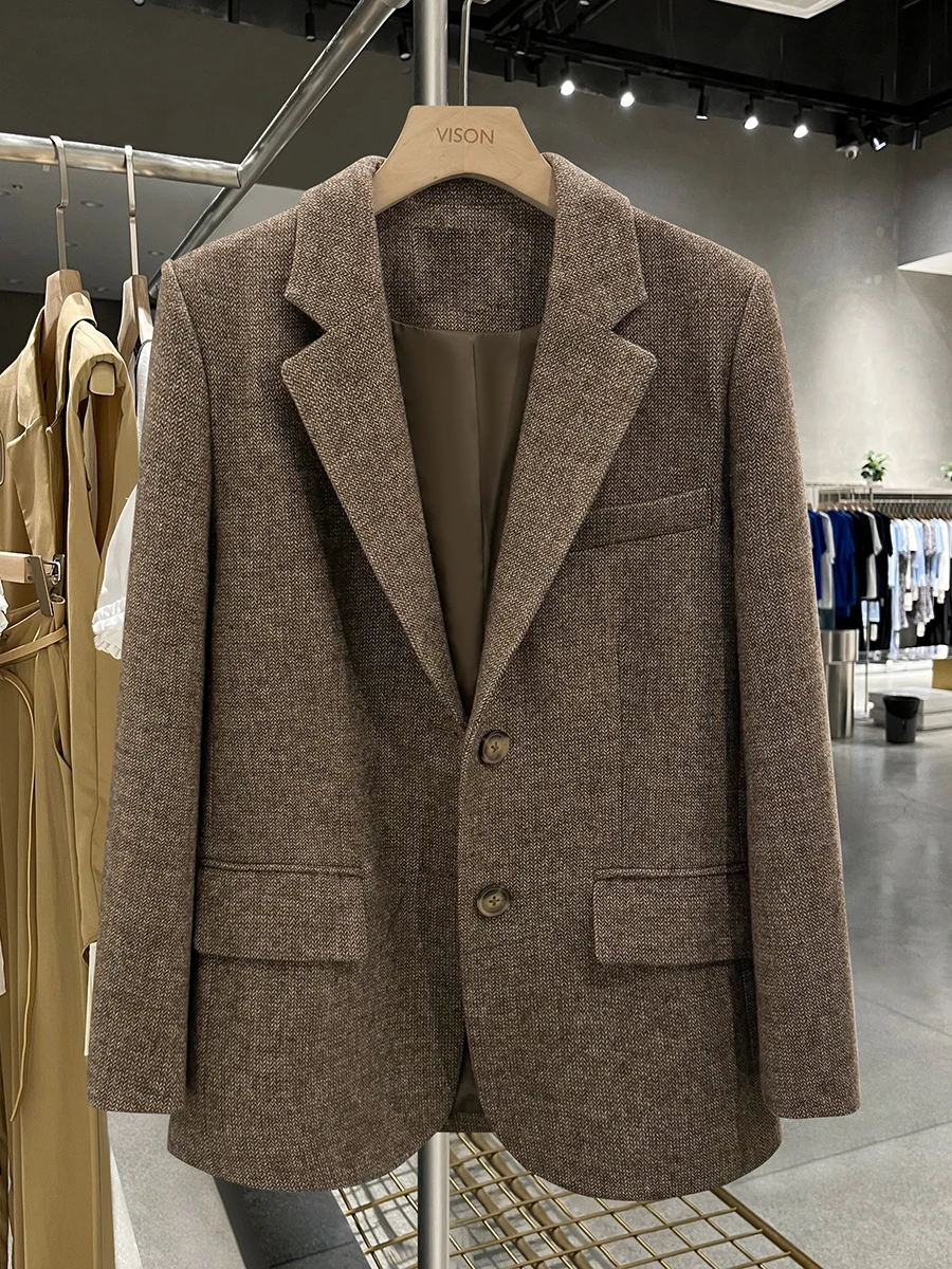 

Retro Tweed Cheered Women's Suit Jaet Casual Commute Sle Long Sve Single Button Closure Straight Cut Winter Faion