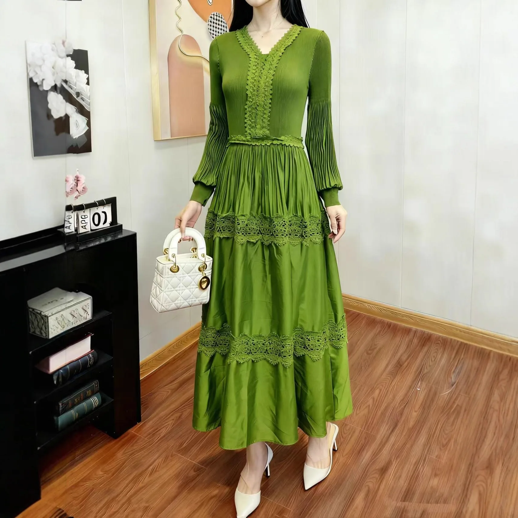 

Miyake Women's Fashion Long Skirt Seaside Vacation Dress Long Sleeve Lace Splicing Ethnic Style Travel Versatile Lady Skirt