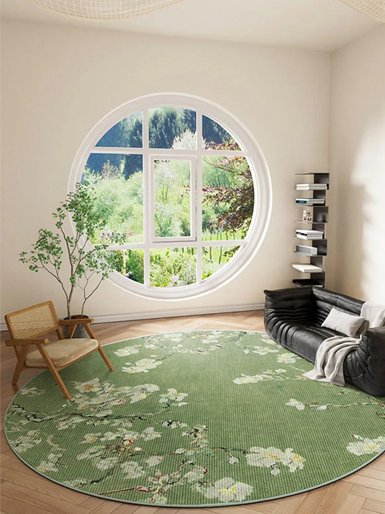 New Chinese Style Round Carpet – Retro Green Floral Rug for Living Room, Bedroom, Sofa, Coffee Table & Study, Thick Floor Mat
