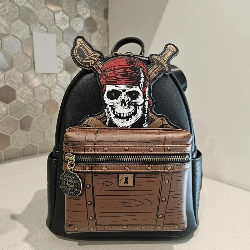 

MINISO Disney Caribbean Pirates Captain Jack Fashion Girl Backpack PU Leather Backpack Womens Double Strap Bags Christmas Gifts