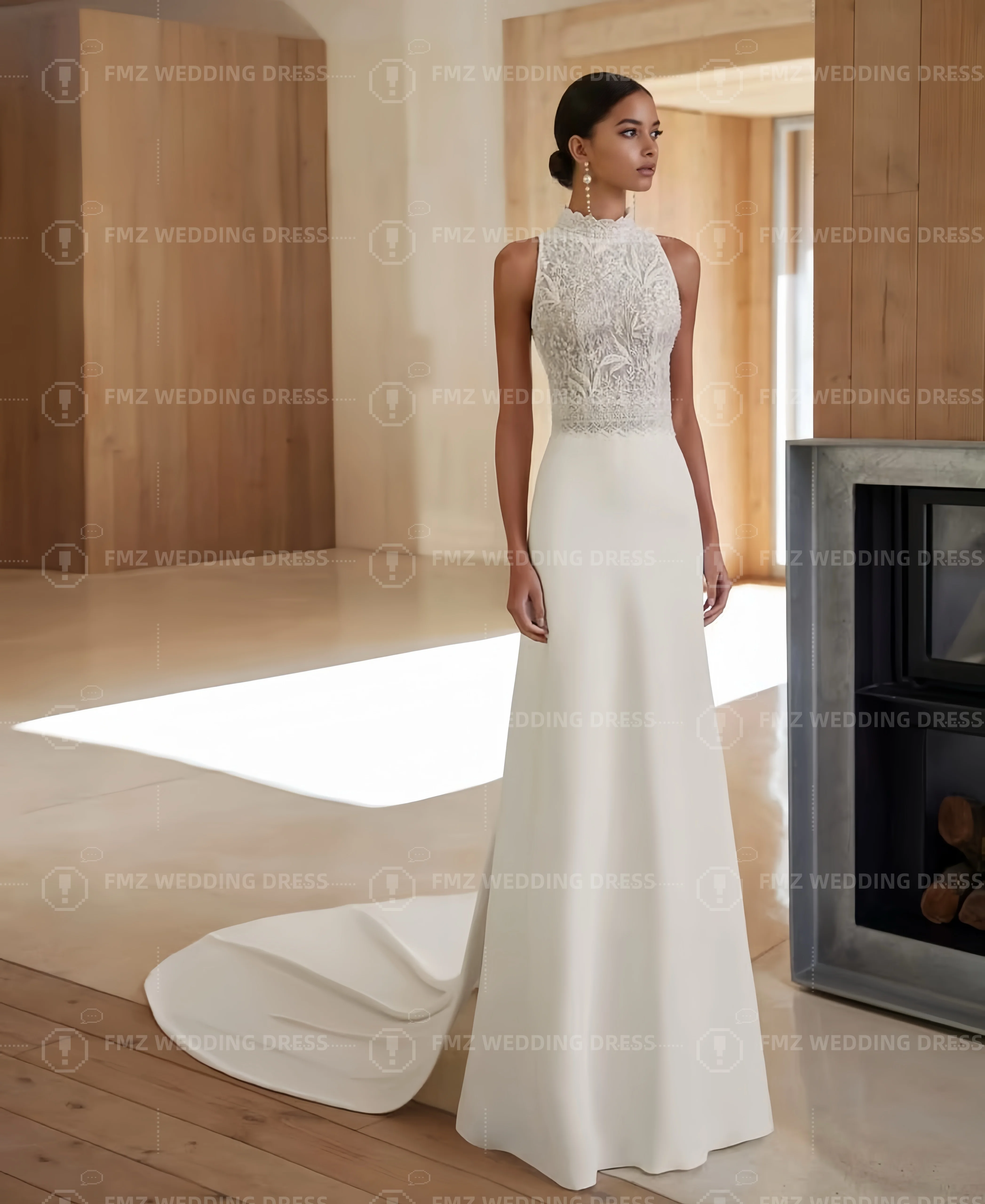 فستان زفاف أنيق مخصص بياقة عالية بدون أكمام على شكل حرف a من الساتان فيستدوس دي نوفيا أماندا نوفيا أماندا نوفيا رسمي